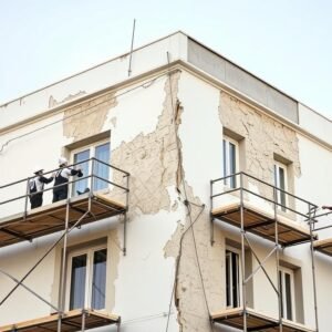 عمال يقومون بترميم واجهة مبنى في الكويت