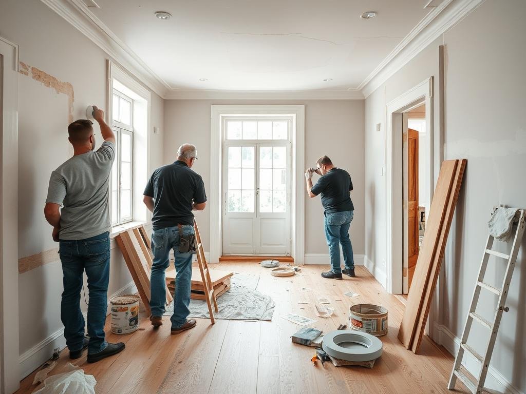 عمال يقومون بترميم وتجديد غرفة داخلية في منزل