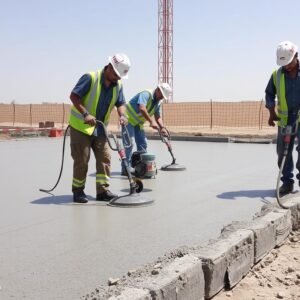 عمال يقومون بصب وتشطيب الخرسانة تحت إشراف مقاول خرسانة بالكويت