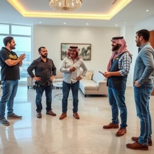 عملاء سعداء يتحدثون مع مقاول تركيب سراميك بعد إتمام العمل عملاء سعداء يتحدثون مع مقاول تركيب سراميك بعد إتمام العمل