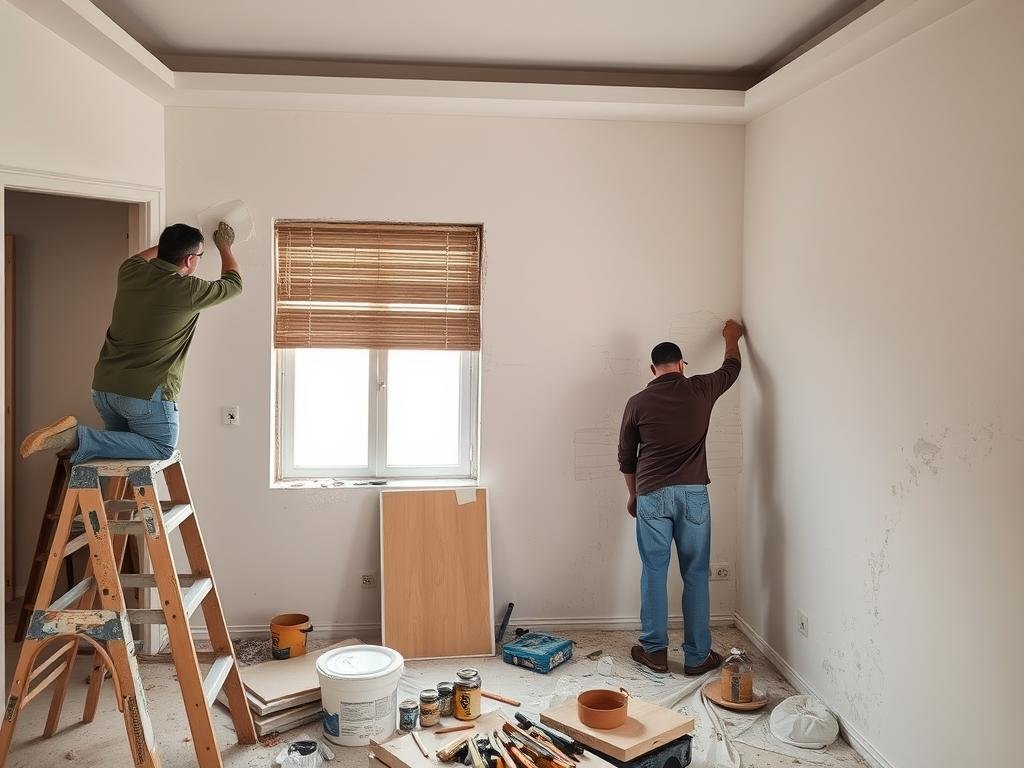 عملية ترميم منزل في الزهراء تظهر العمال وهم يقومون بإصلاح الجدران