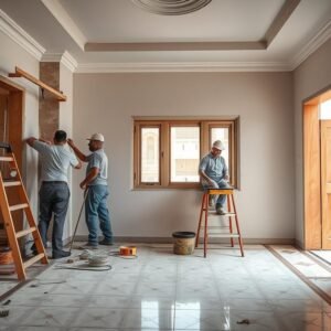 عملية ترميم منزل في الكويت تظهر تجديد الجدران والأرضيات