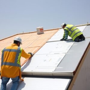 عملية تطبيق مواد عازلة حديثة على سطح منزل في الكويت لمقاومة الحرارة والرطوبة