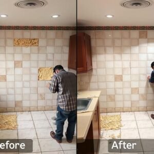 عملية تغيير بلاط قديم واستبداله ببلاط حديث في مطبخ كويتي