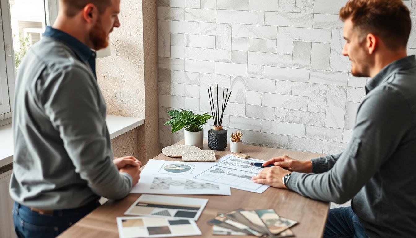 عميل يتحدث مع معلم تركيب سيراميك محترف لمناقشة مشروع تركيب