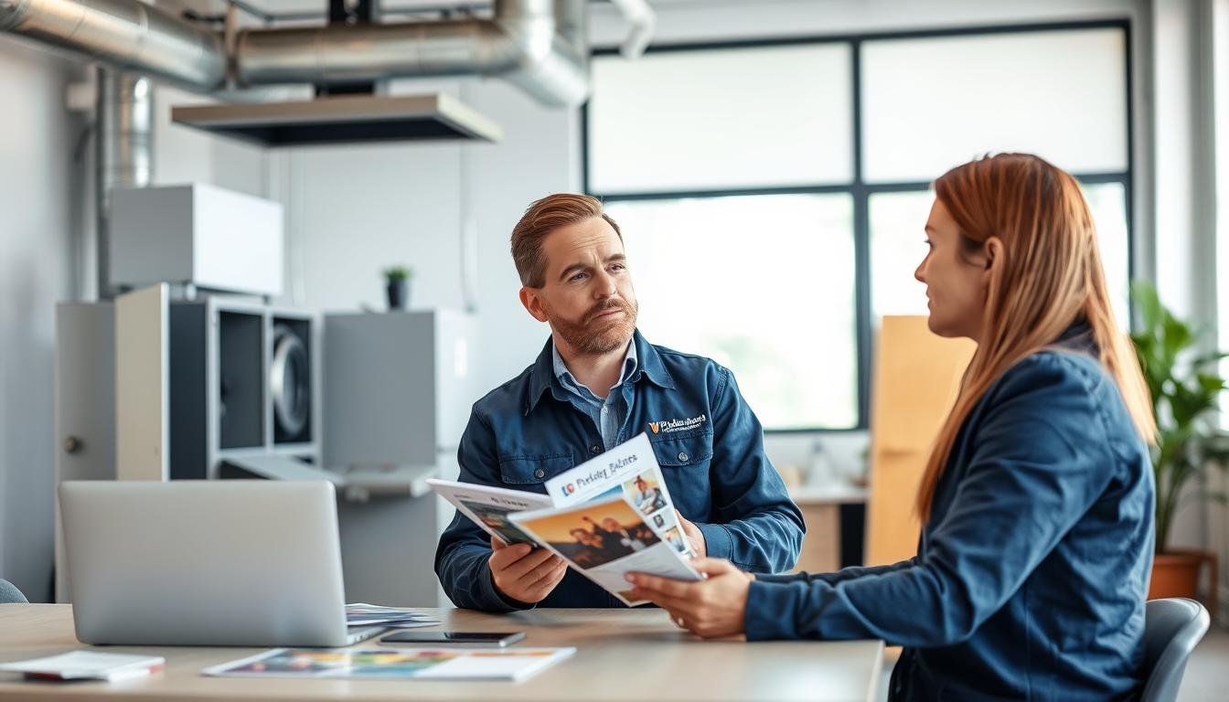 عميل يتشاور مع افضل فنى تهوية لاختيار الخدمة المناسبة