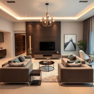 غرفة معيشة كويتية بعد الترميم تظهر التشطيبات الحديثة والديكورات العصرية