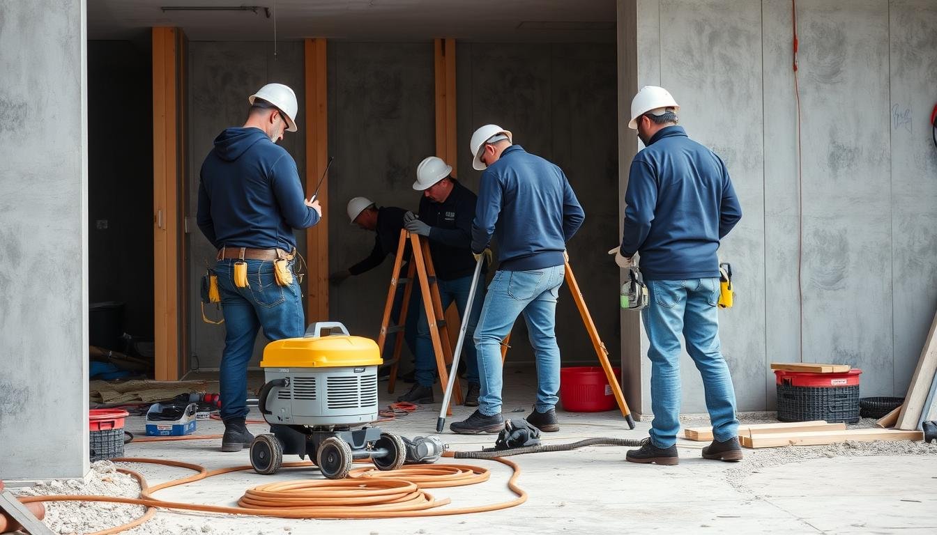 فريق عمل متكامل من شركة ترميمات متخصصة يعمل في موقع بناء