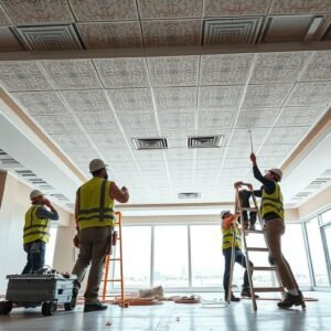 فريق عمل محترف من مقاولي الأسقف في الكويت يعمل على مشروع كبير