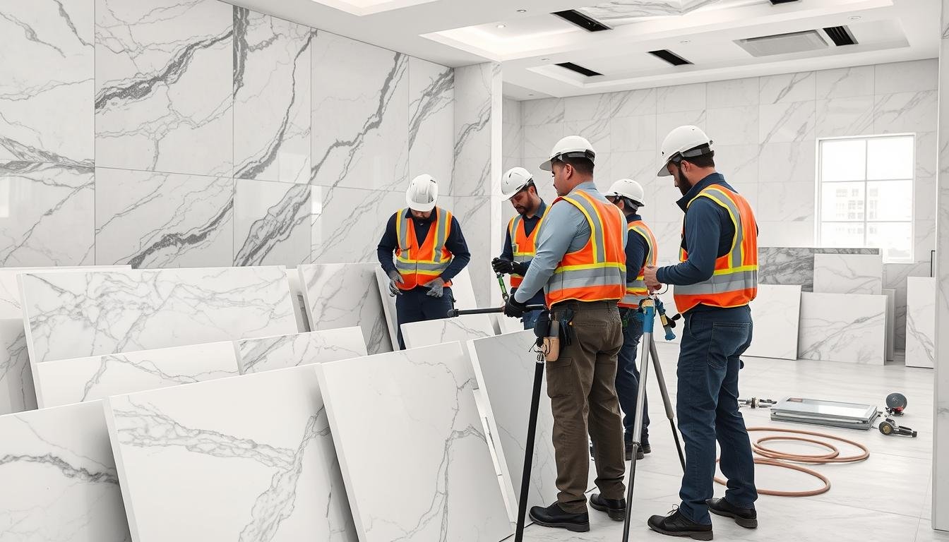 فريق عمل معلم رخام الكويت المحترف أثناء تنفيذ مشروع كبير