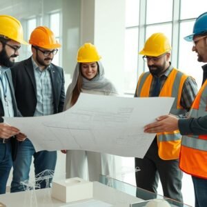 فريق عمل مقاول بناء وتشطيب محترف يناقش تفاصيل مشروع بناء فريق عمل مقاول بناء وتشطيب محترف يناقش تفاصيل مشروع بناء