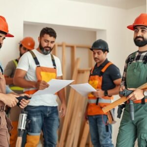 فريق متخصص من شركة ترميم منازل الكويت يعمل بتناسق في موقع ترميم منزل