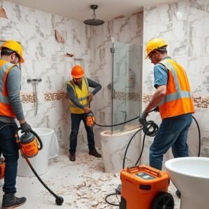 فريق محترف يقوم بعملية تكسير حمامات باستخدام معدات متخصصة فريق محترف يقوم بعملية تكسير حمامات باستخدام معدات متخصصة