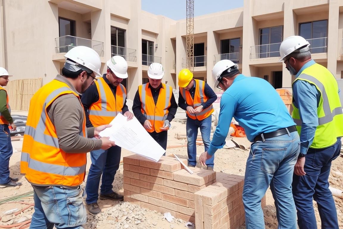 فريق مقاولات يعمل في موقع بناء بمدينة جابر الاحمد