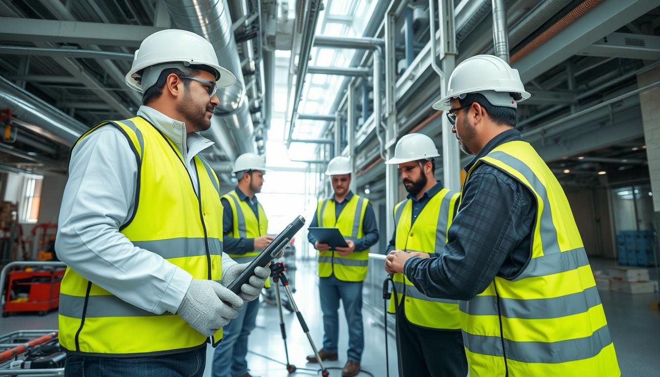 فريق من فنيي التهوية المركزية المحترفين يعملون في مشروع كبير في الكويت