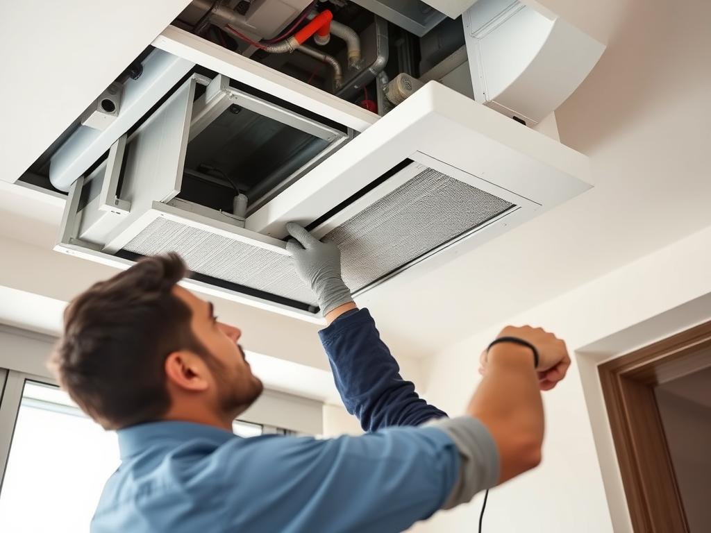 فنى تهوية مركزية يقوم بأعمال صيانة دورية لنظام تهوية في مبنى سكني بالكويت