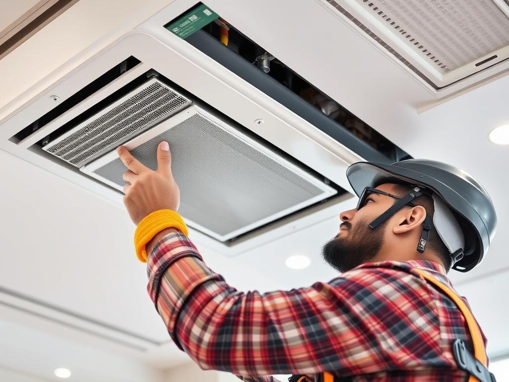 فنى تهوية مركزية يقوم بتركيب وحدة تهوية جديدة في سقف مبنى في الكويت