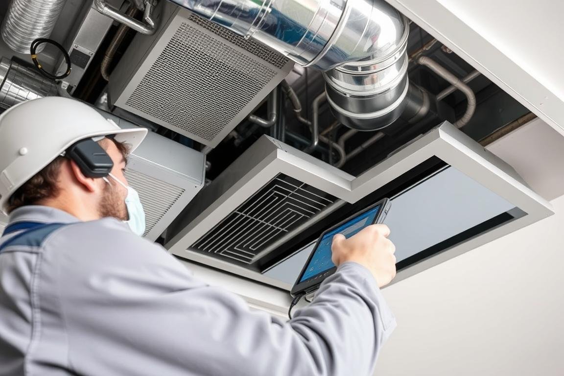 فنى تهوية مركزية يقوم بفحص وصيانة نظام تهوية في مبنى تجاري بالكويت