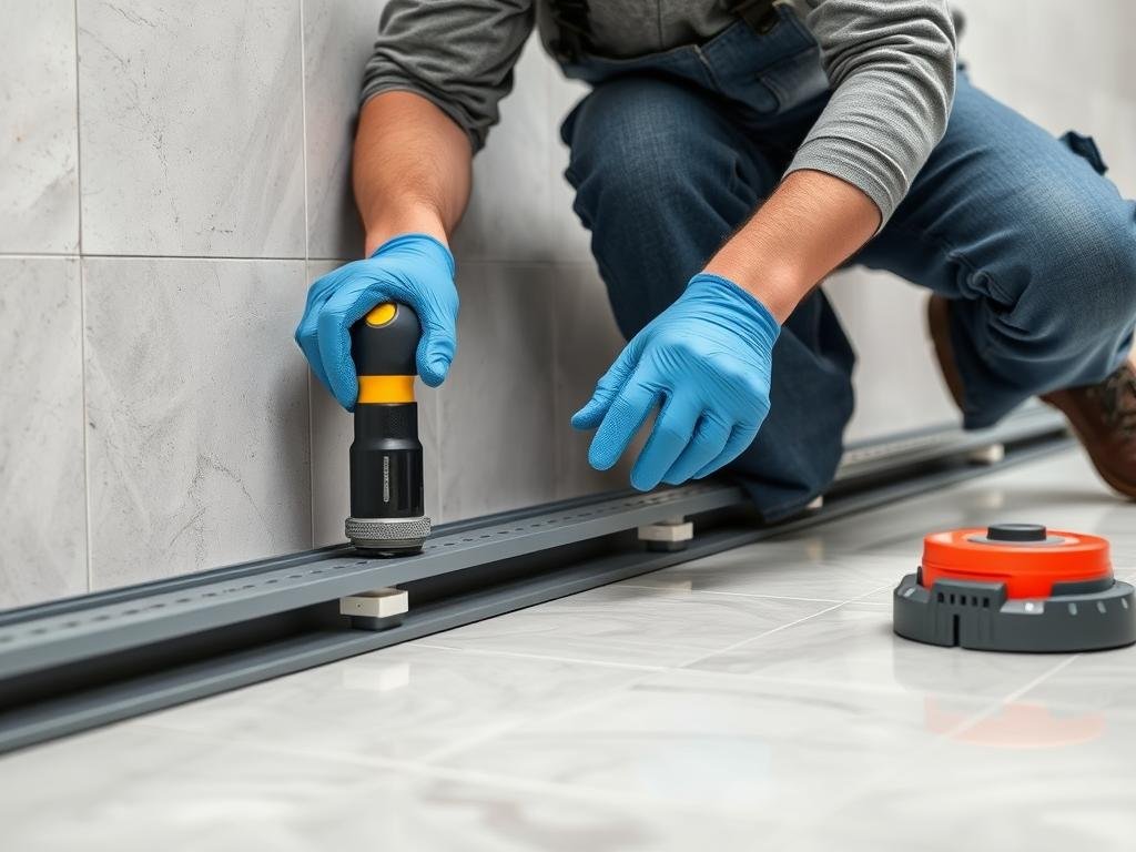 فنى سراميك يستخدم أدوات متطورة لتسوية البلاط