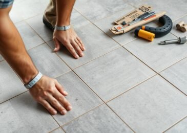فنى سراميك يقوم بتركيب بلاط سيراميك بدقة عالية