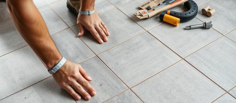 فنى سراميك يقوم بتركيب بلاط سيراميك بدقة عالية