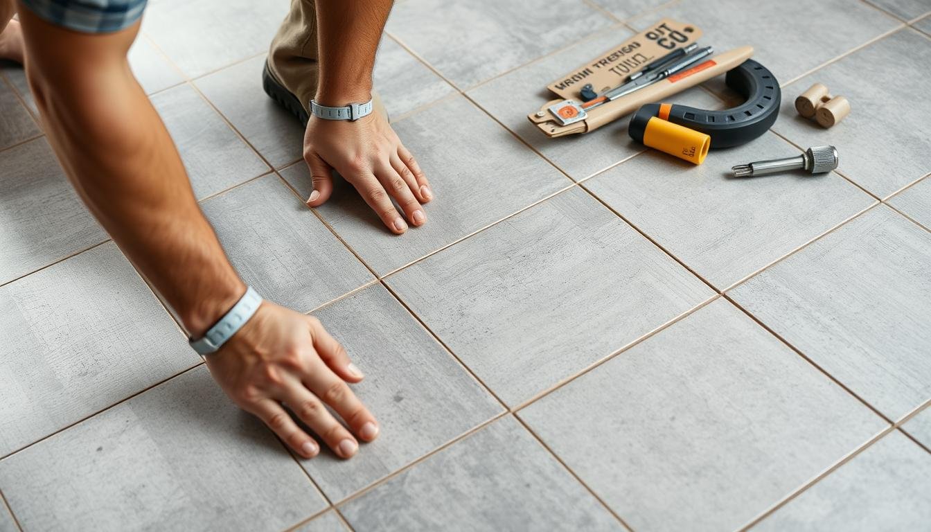 فنى سراميك يقوم بتركيب بلاط سيراميك بدقة عالية