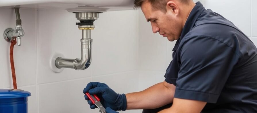 فنى صحى ممتاز يقوم بإصلاح تسريب مياه