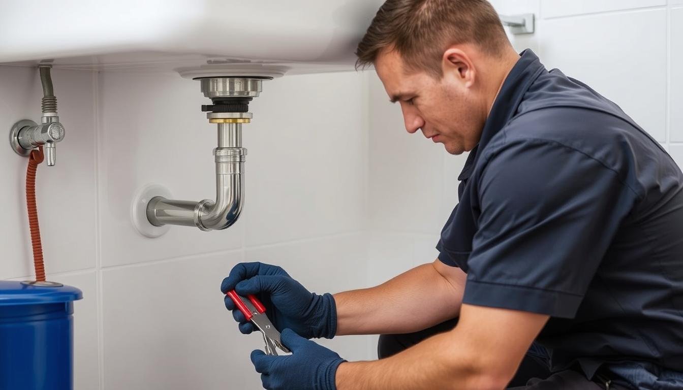 فنى صحى ممتاز يقوم بإصلاح تسريب مياه