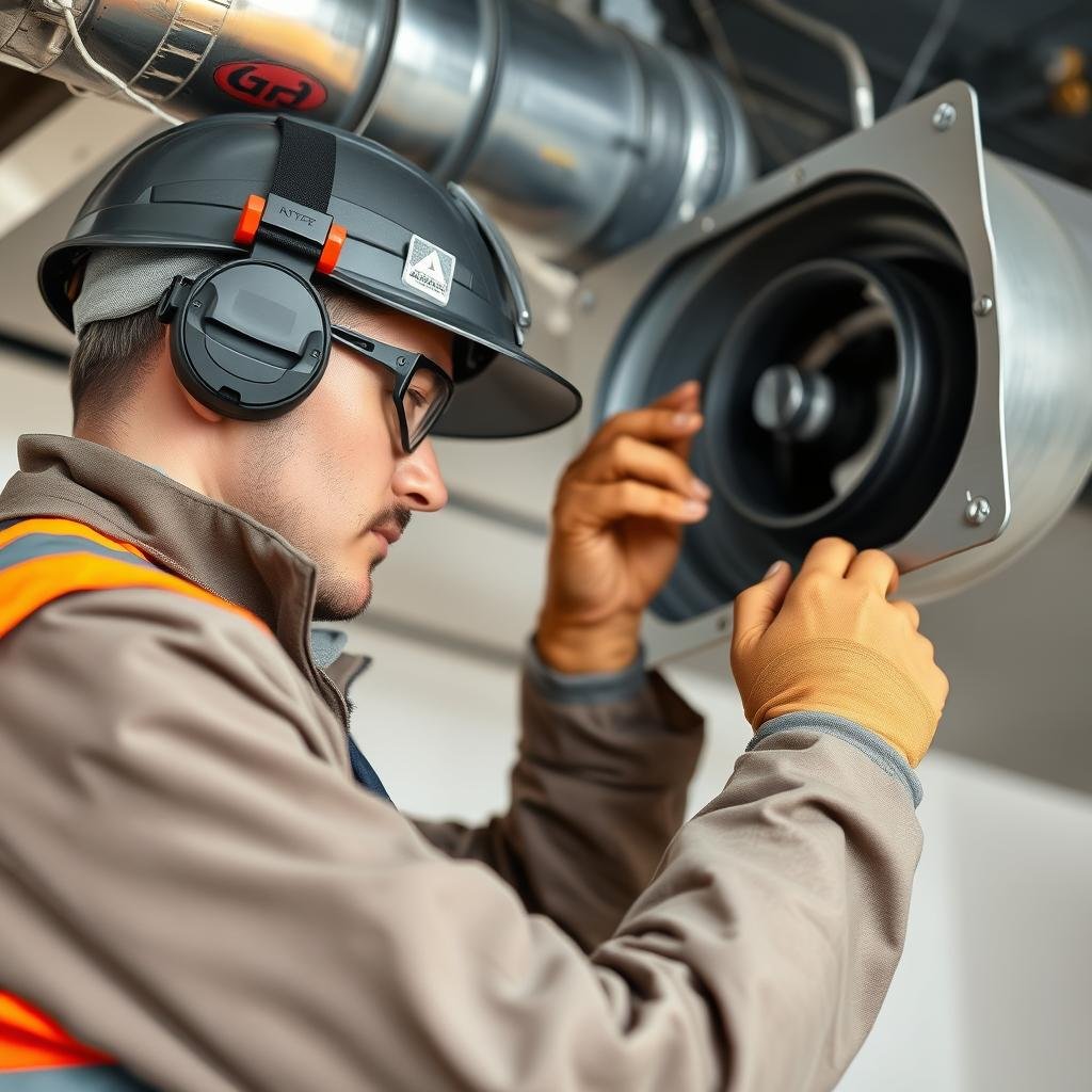 فني تهوية محترف يعمل بدقة ومهنية عالية على صيانة نظام التهوية