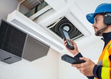 فني تهوية محترف يقوم بفحص نظام التهوية المركزية في مبنى سكني