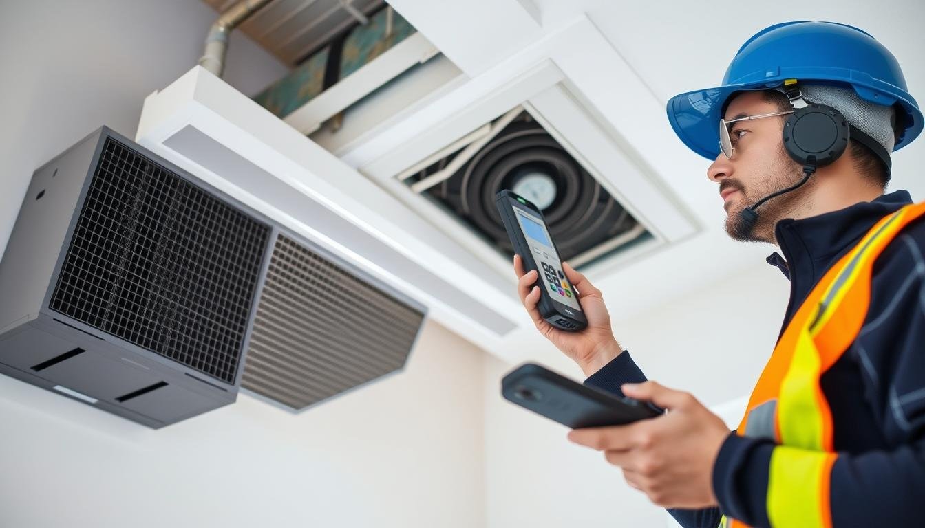 فني تهوية محترف يقوم بفحص نظام التهوية المركزية في مبنى سكني