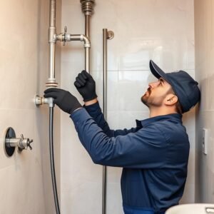 فني سباكة يقوم بتركيب أنابيب حديثة في حمام أثناء عملية ترميم منزل في الكويت