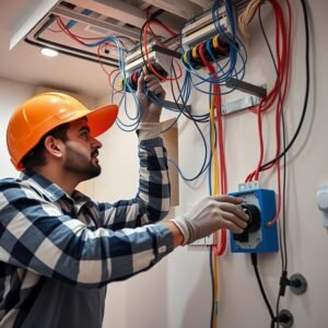 كهربائي يقوم بتحديث الأنظمة الكهربائية في منزل كويتي خلال عملية الترميم