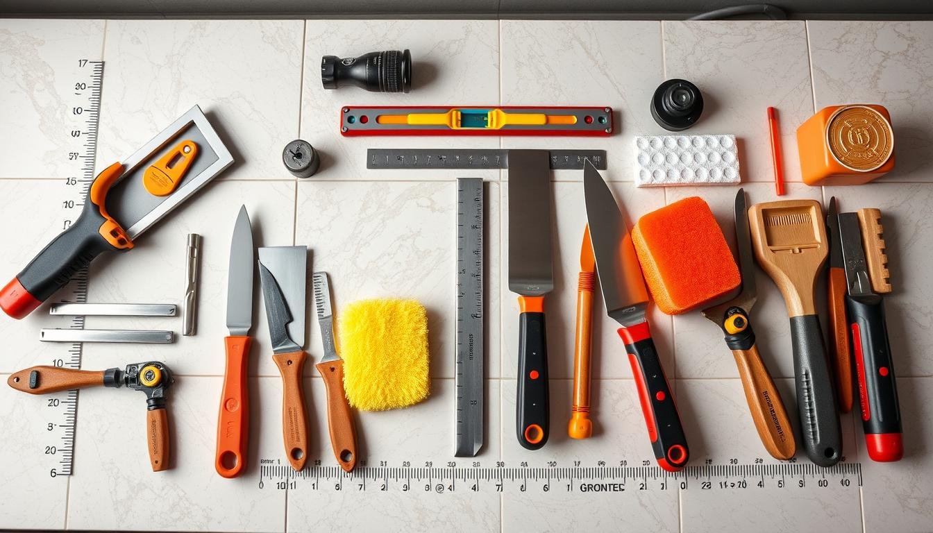 مجموعة من أدوات تركيب السيراميك الأساسية التي يستخدمها معلم تركيب سيراميك