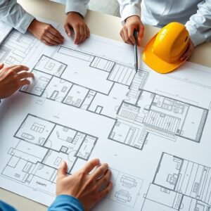 مخطط هندسي لمنزل في الكويت مع مهندسين يناقشون تفاصيل بناء منازل بالكويت