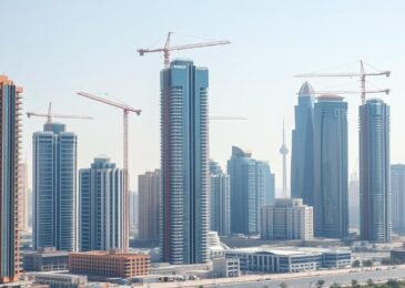 مشهد لقطاع البناء والتشييد في الكويت مع أبراج ومشاريع إنشائية حديثة