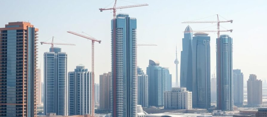 مشهد لقطاع البناء والتشييد في الكويت مع أبراج ومشاريع إنشائية حديثة