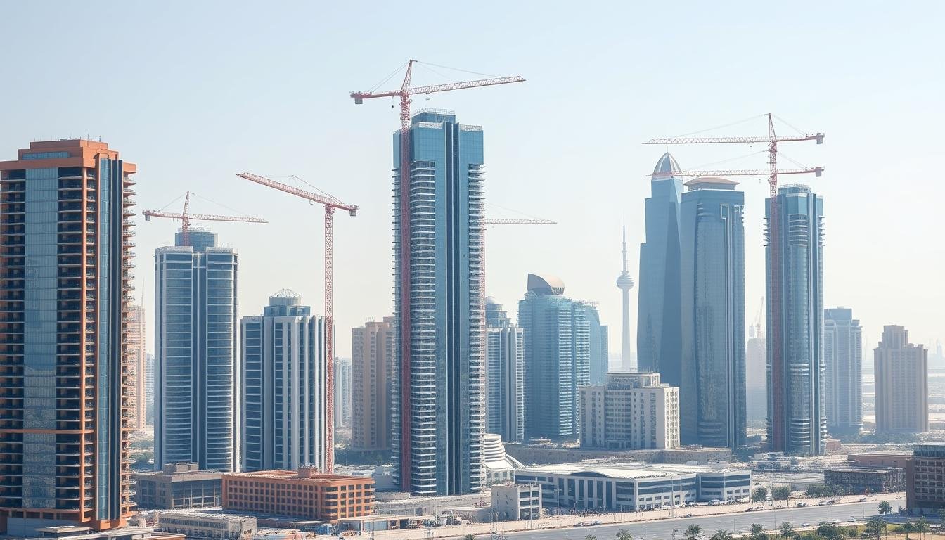 مشهد لقطاع البناء والتشييد في الكويت مع أبراج ومشاريع إنشائية حديثة
