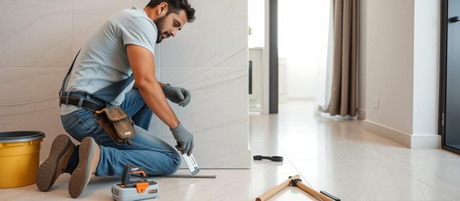 معلم بلاط بالكويت يقوم بتركيب بلاط سيراميك في منزل حديث