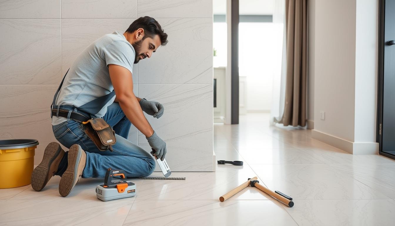 معلم بلاط بالكويت يقوم بتركيب بلاط سيراميك في منزل حديث