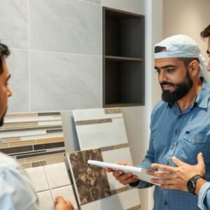 معلم بلاط محترف يشرح للعميل خيارات البلاط المختلفة