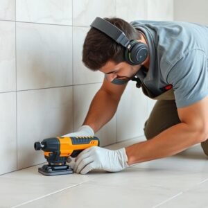 معلم بلاط محترف يعمل بدقة عالية في مشروع سكني بالكويت