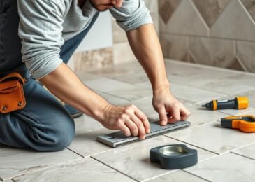 معلم تركيب سيراميك محترف يعمل على تركيب بلاط أرضية