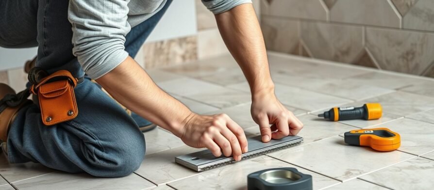 معلم تركيب سيراميك محترف يعمل على تركيب بلاط أرضية