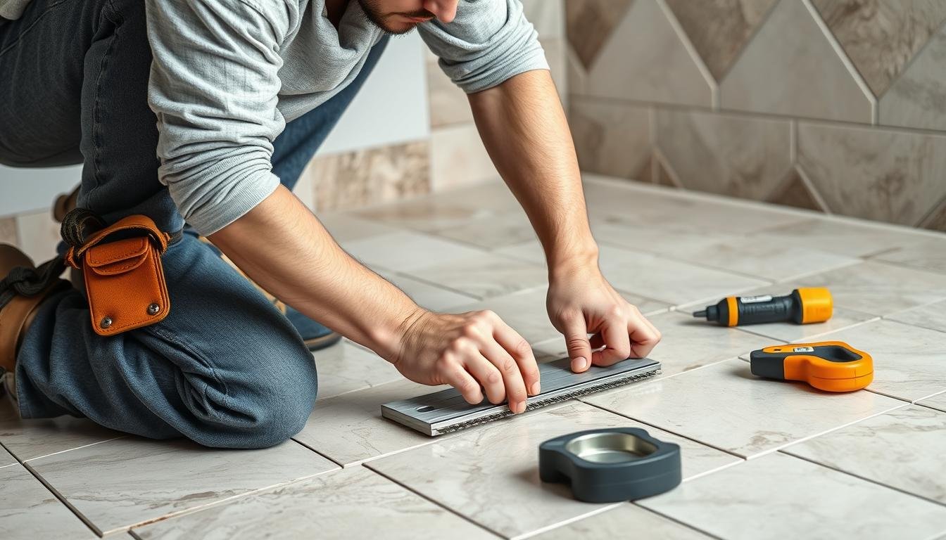 معلم تركيب سيراميك محترف يعمل على تركيب بلاط أرضية