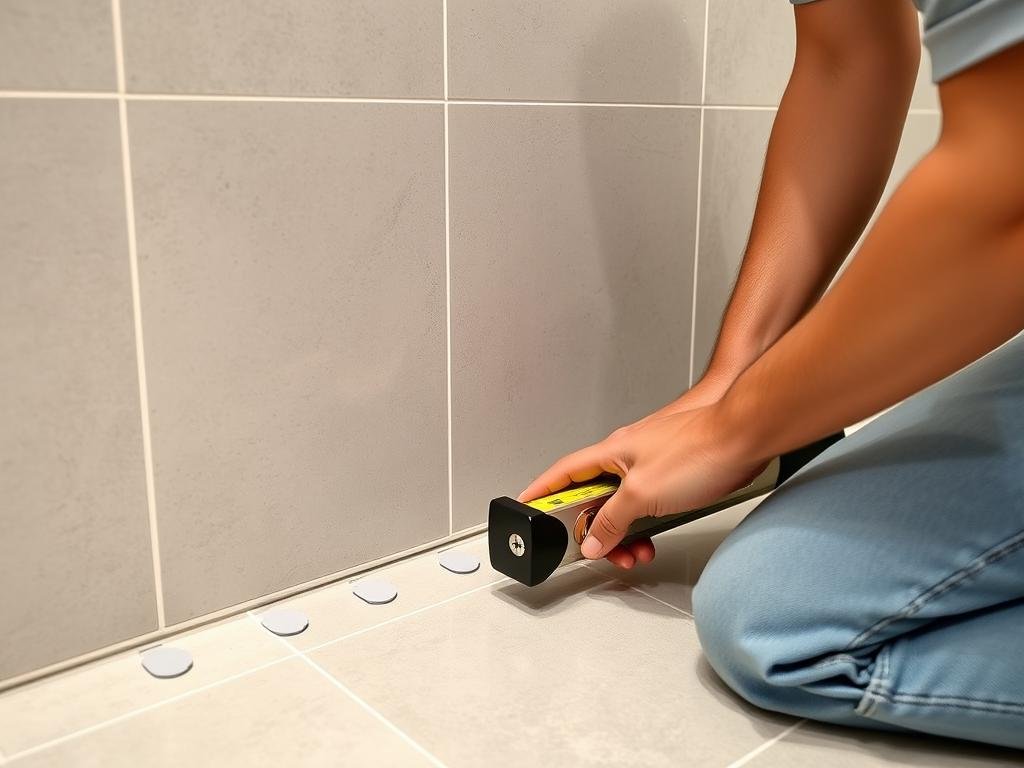 معلم تركيب سيراميك يستخدم أدوات قياس دقيقة لضمان استواء البلاط