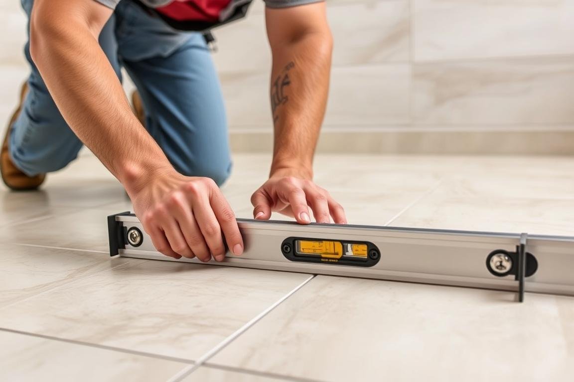 معلم تركيب سيراميك يستخدم الميزان المائي للتأكد من استواء البلاط