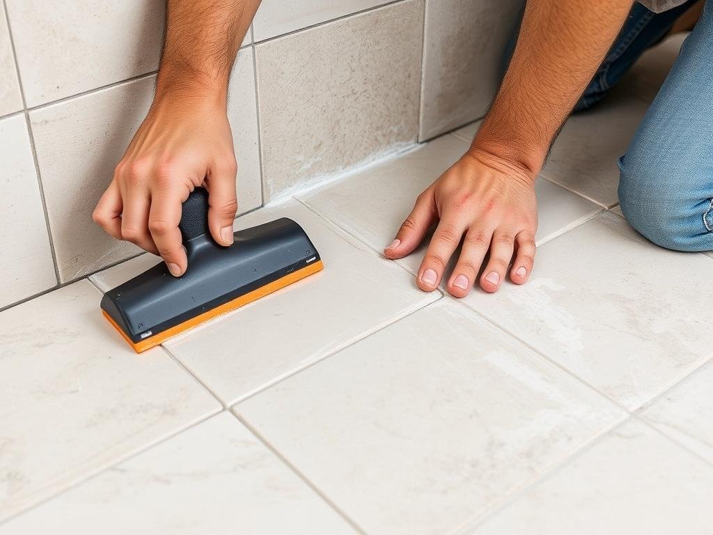 معلم تركيب سيراميك يقوم بتطبيق الترويبة بين البلاط المركب