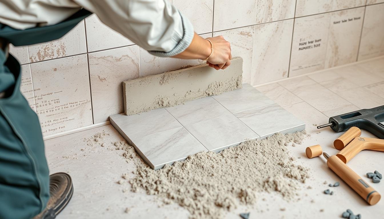 معلم تركيب سيراميك يقوم بتطبيق المونة الإسمنتية قبل وضع البلاط