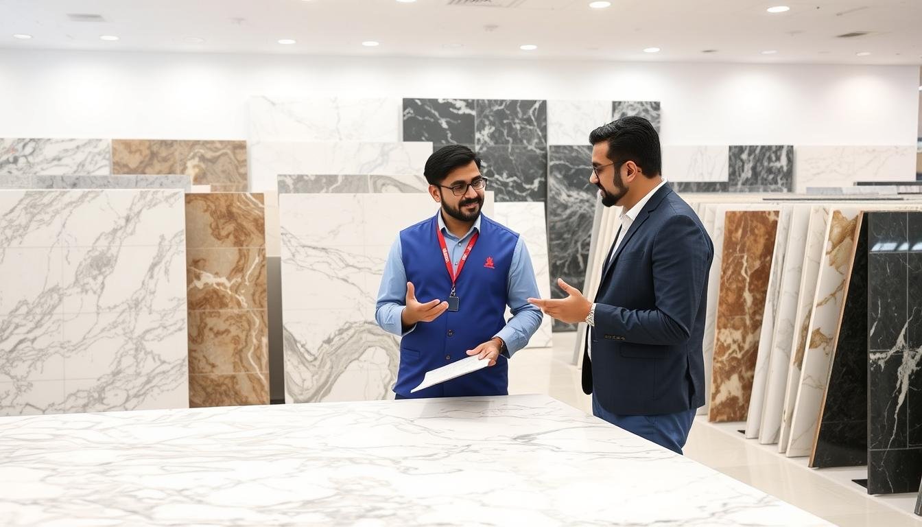 معلم رخام الكويت يقدم استشارة لعميل حول اختيار نوع الرخام المناسب